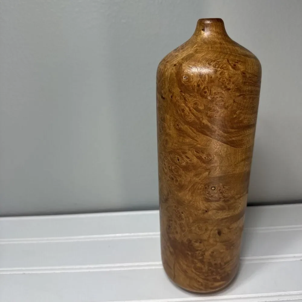 Vintage Hand Turned Maple Wood Weed Pot Bud Vase 10.25” Figured Burl Signed GRF